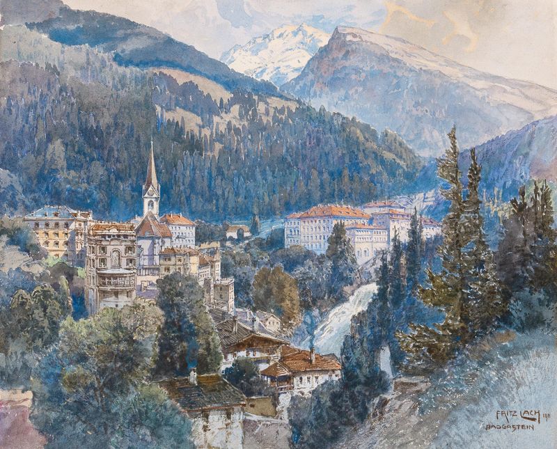 A view of Bad Gastein and the waterfall, oil on canvas by Fritz Lach