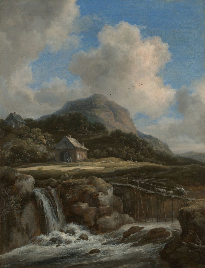 Mountain Torrent de Jacob van Ruisdael, pintura a óleo que mostra uma cascata e montanhas.
