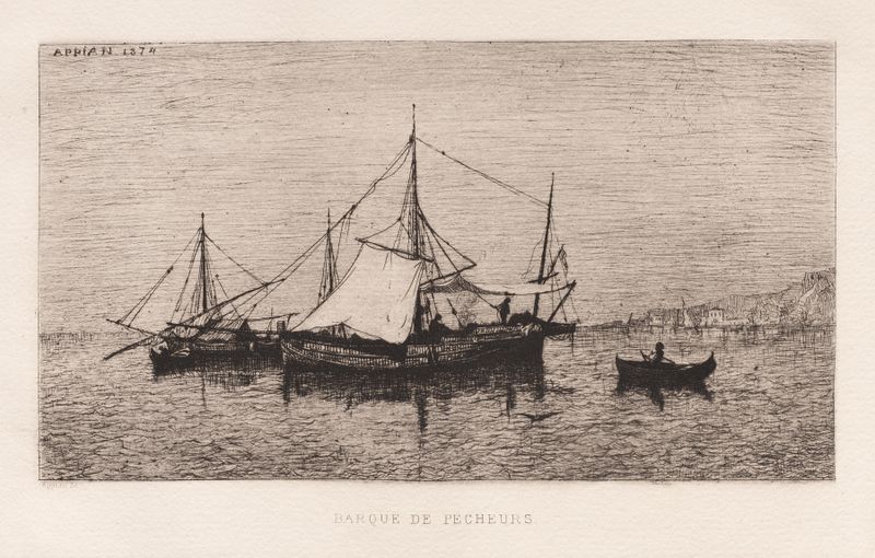 Barque de Pecheurs de Adolphe Appian, óleo sobre tela, retrata um barco de pesca em águas calmas.