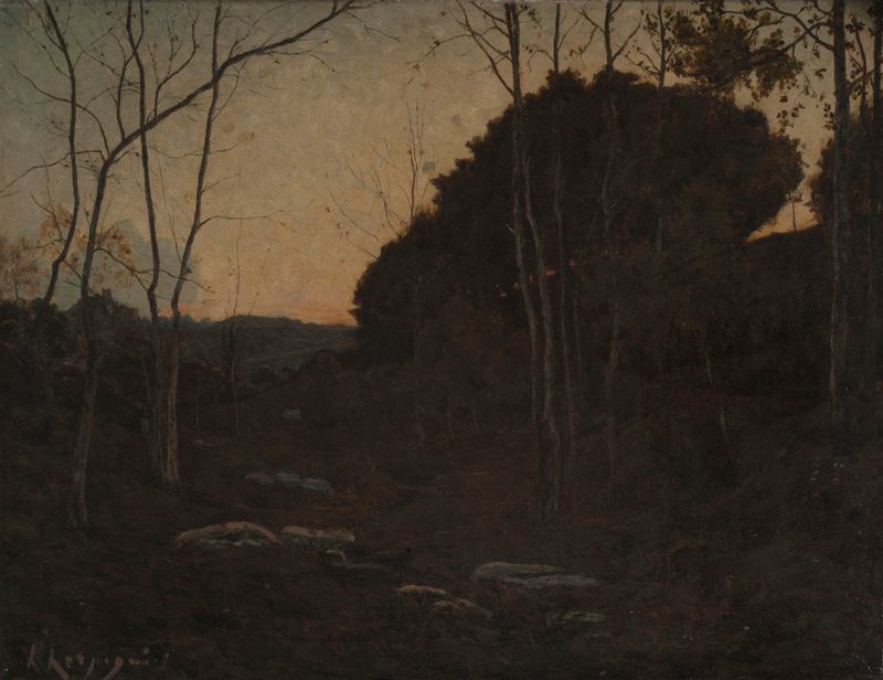 Paisagem com verdes suaves e marrons quentes, óleo de Henri-Joseph Harpignies