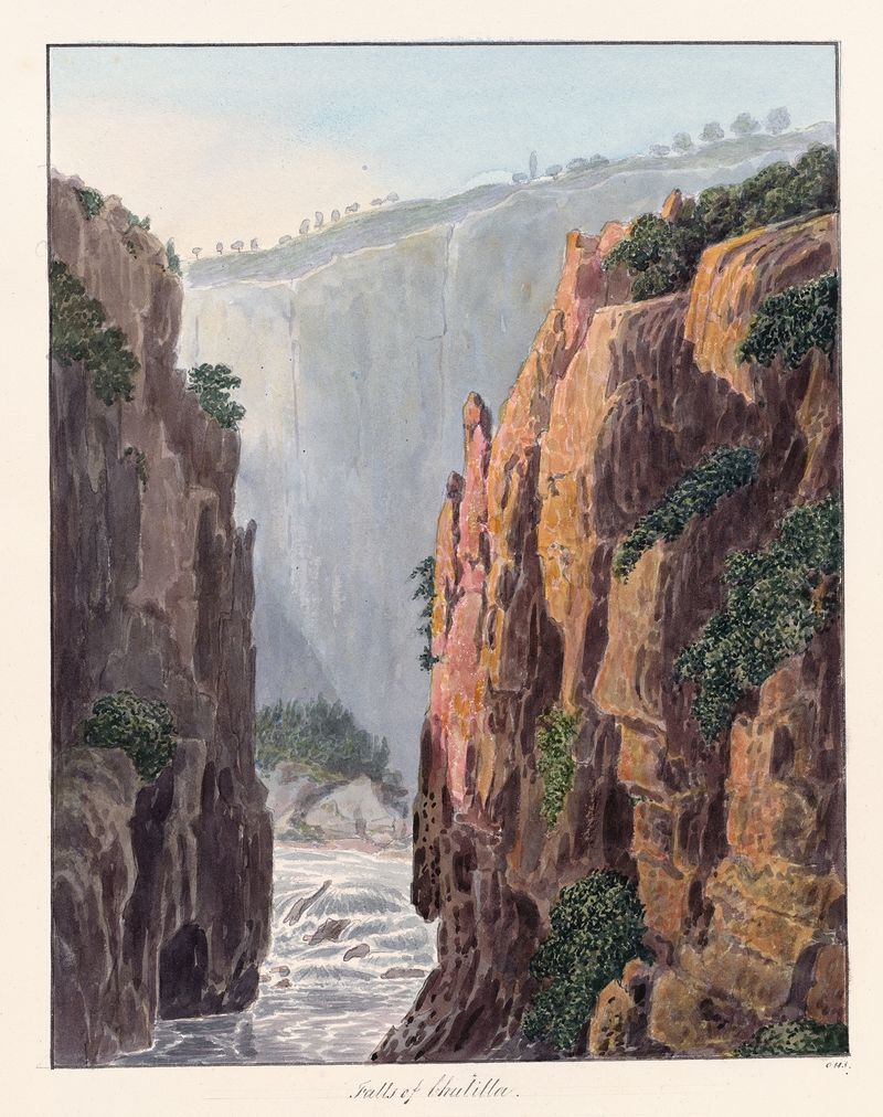 Falls of the Chulilla de Charles Hamilton Smith, aquarela sobre papel representando uma paisagem serena com uma cachoeira.