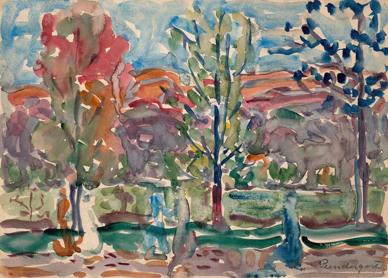 Paisagem pós-impressionista de Maurice Prendergast com árvores e montanhas