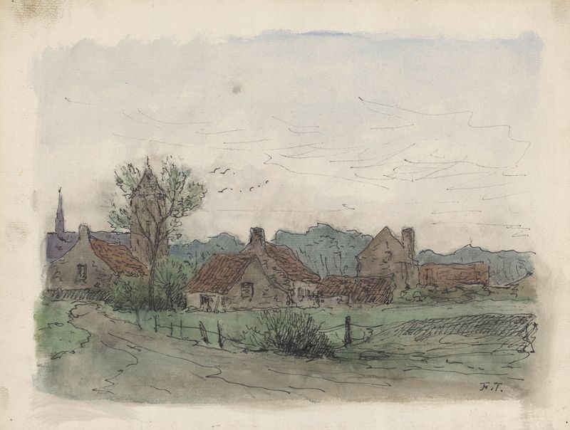 Landscape depicting a village with cottages, oil painting by Jean-François Taelemans