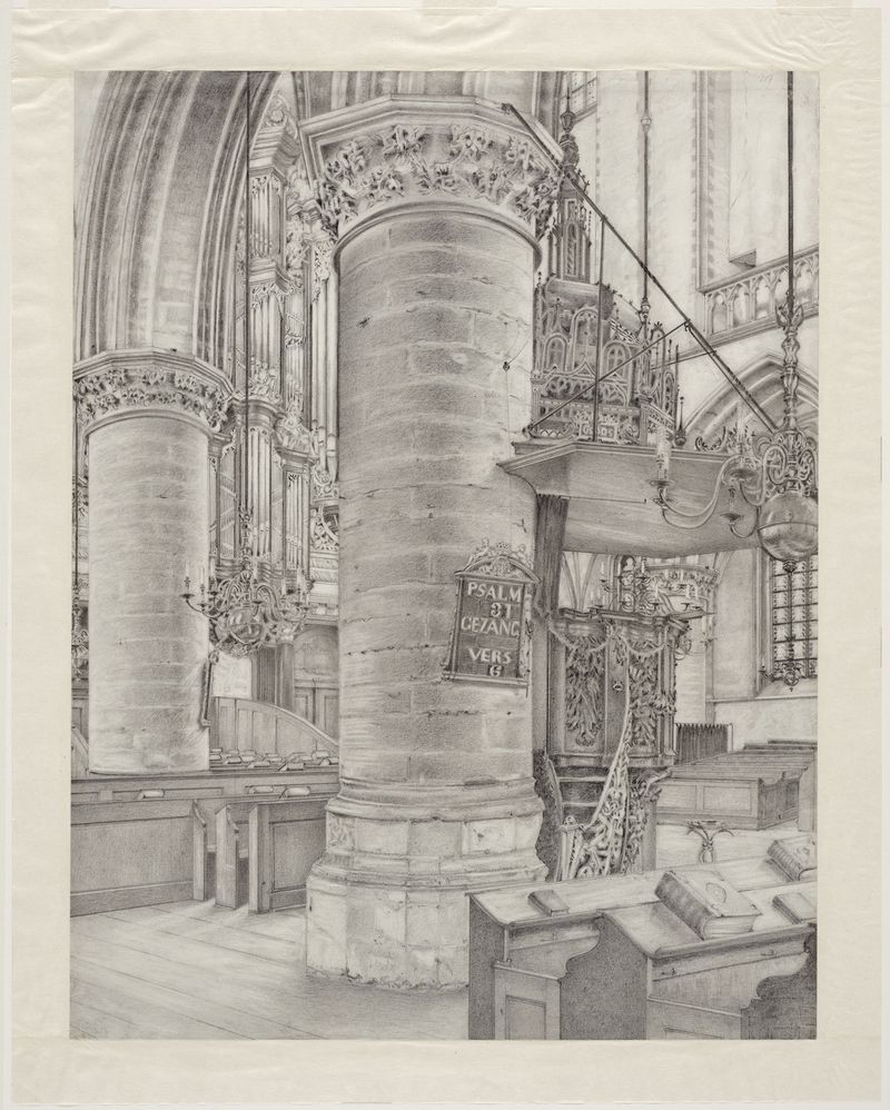 Escena interior con un púlpito, tallado en madera, de Willem Horsman, 1952