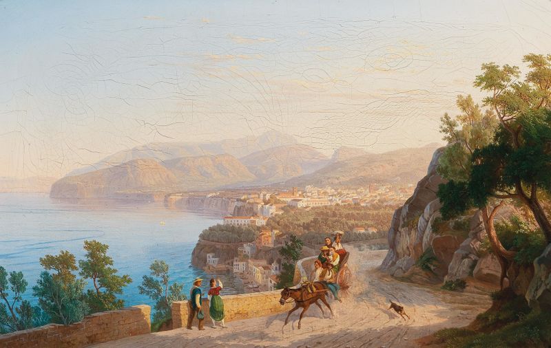 View of Sorrento by Carl Wilhelm Götzloff, oil on canvas depicting a family outing in a tranquil landscape.