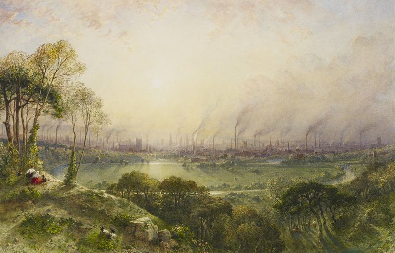 Landscape of Manchester from Kersal Moor, featuring rustic figures and goats, by William Wyld