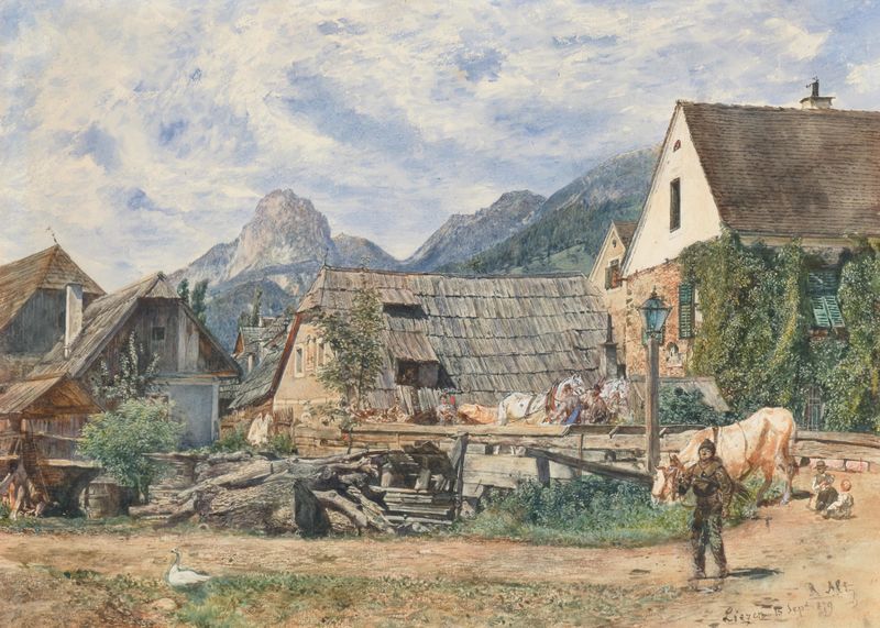 Tarde de verano en Liezen, óleo sobre lienzo de Rudolf von Alt, que representa un río tranquilo y colinas suaves.