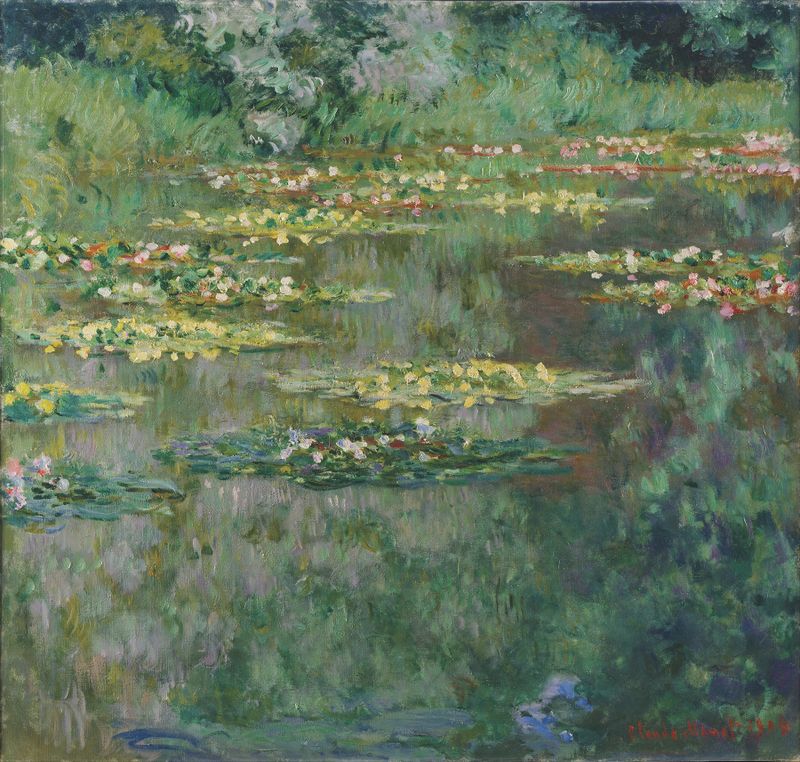 Le Bassin des Nympheas de Claude Monet, pintura al óleo con nenúfares y reflejos.
