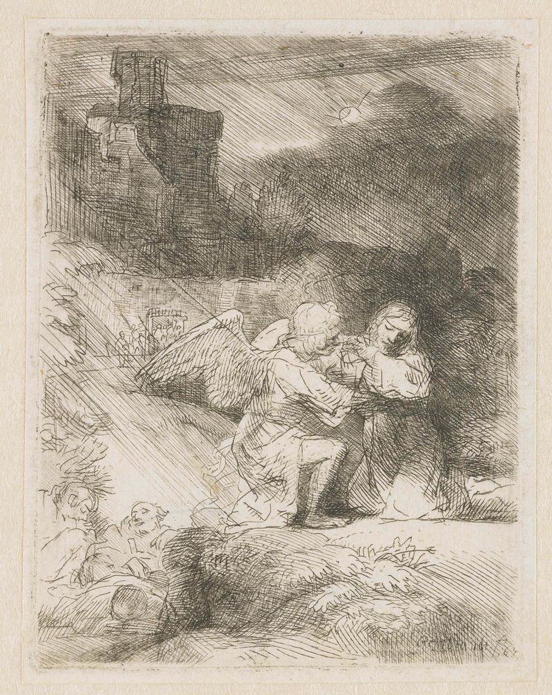 Gravura de Rembrandt van Rijn mostrando Jesus em angústia em um jardim à noite.