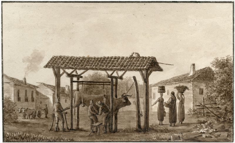 Obra de realismo de Otto Howen retratando um pátio com um boi amarrado cercado por vegetação.