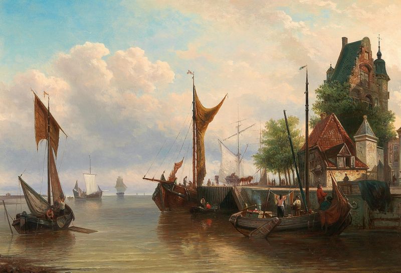 Sailboats in the harbour by Elias Pieter van Bommel, medium unknown