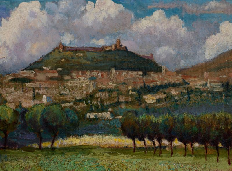 Paisaje Italiano de Henryk Dietrich, impresionismo, que muestra colinas onduladas bajo un sol dorado.