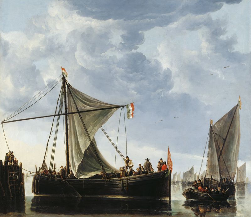 Pintura al óleo de Aelbert Cuyp que representa un atardecer sobre un río con un barco