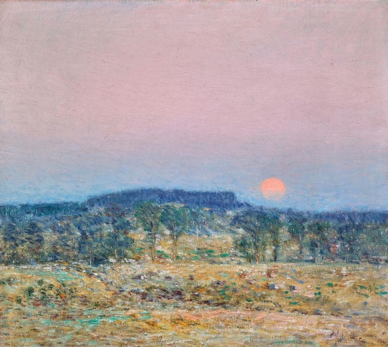 September Moonrise, oil on canvas by Childe Hassam, depicting a tranquil twilight landscape.