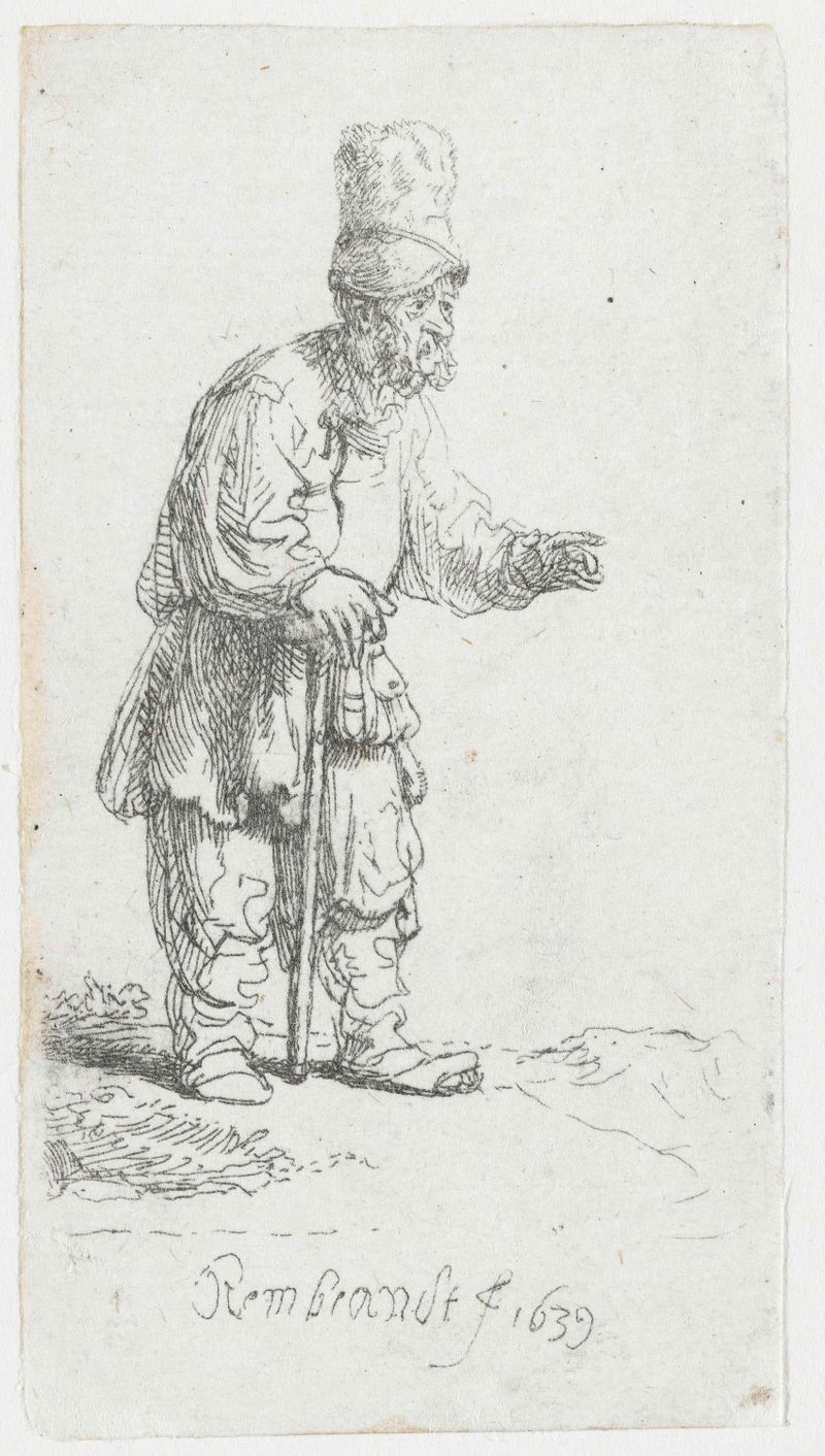 Gravura de Rembrandt van Rijn de um camponês com um chapéu alto apoiado em um bastão