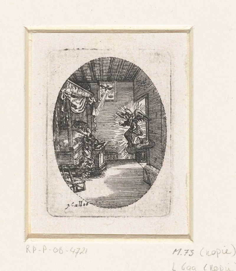 Annunciatie de Jacques Callot, grabado que muestra a la Virgen María y un ángel con luz divina.