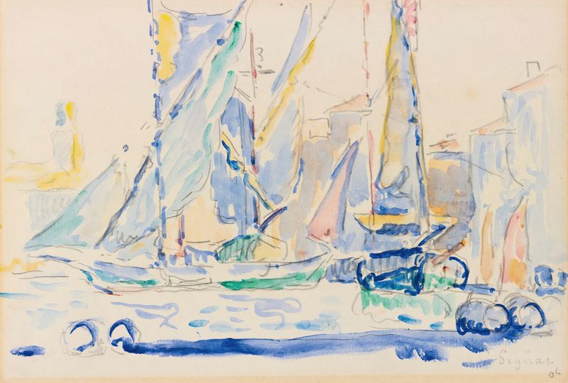 St. Tropez, Tartanes Au Port de Paul Signac, óleo sobre tela representando barcos em um porto vibrante
