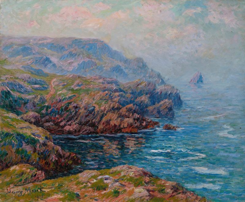 Paisagem de campos sob um céu sereno, pintura a óleo de Henry Moret