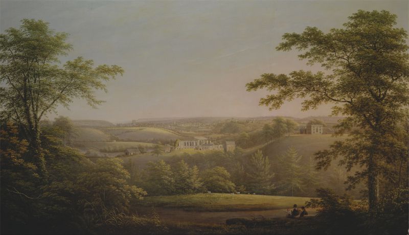 Easby Hall and Easby Abbey in watercolor by George Cuitt the Elder