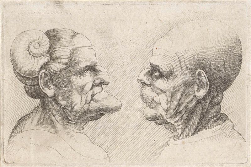 Gravura de Wenceslaus Hollar de um homem e uma mulher carecas com chifres na cabeça.