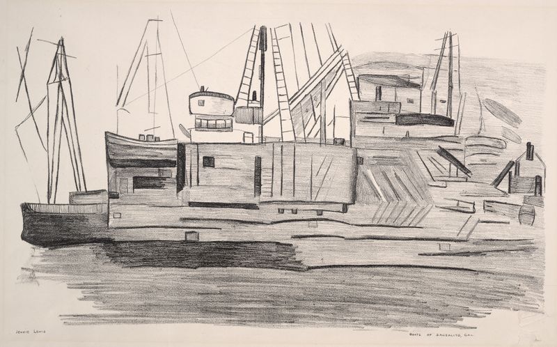 Boats at Sausalito by Jennie Lewis, impressionism, depicting calm water and reflections.