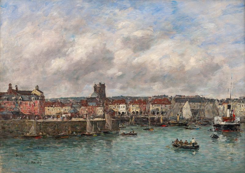 Cena marinha com água cintilante e barcos, pintura a óleo de Eugène Boudin