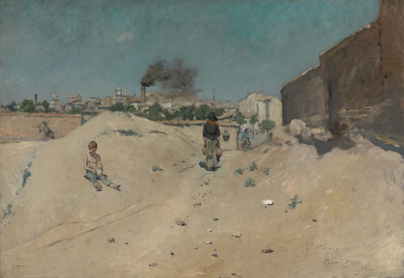 Pintura a óleo impressionista de William Merritt Chase mostrando uma figura solitária em um caminho iluminado pelo sol.