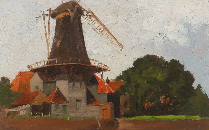 Paisagem com um moinho e um rio turbulento, pintura a óleo de Adolf Kaufmann