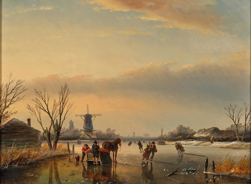 Cena de gênero com patinadores no gelo, pintura a óleo de Jan Jacob Spohler