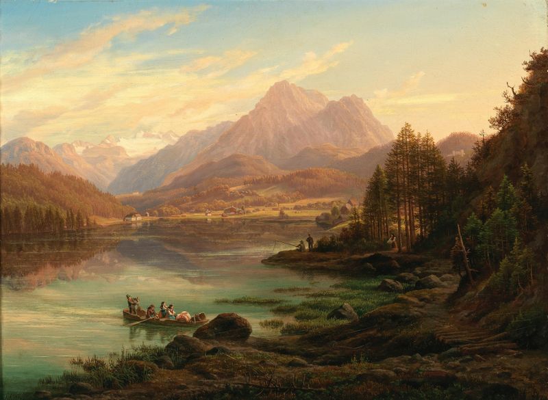 Landscape oil painting by Anton Schiffer featuring a lake and mountains