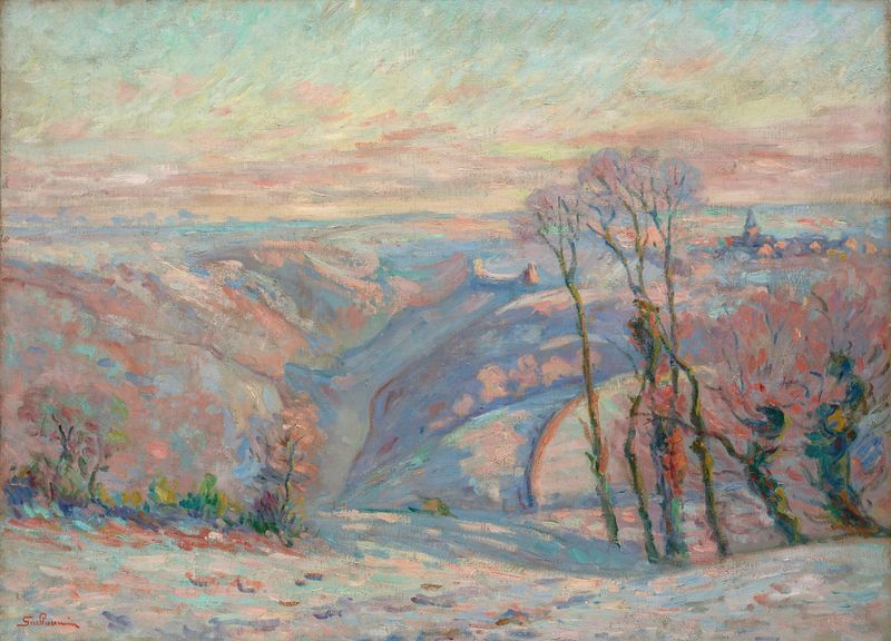 Gelée blanche au village de Crozant de Armand Guillaumin, óleo sobre tela que retrata uma paisagem de inverno com um rio.