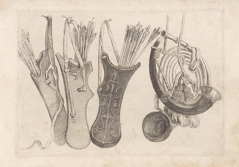 Tres fundas de flechas y cuernos de caza, grabado de Wenceslaus Hollar