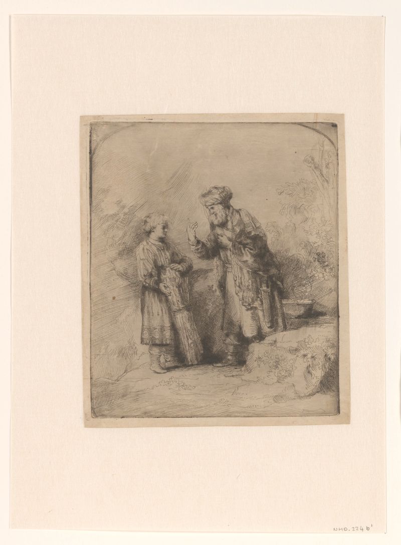 Abraham e Isaac, grabado de artista desconocido, mostrando a un padre y un hijo en un momento de sacrificio.