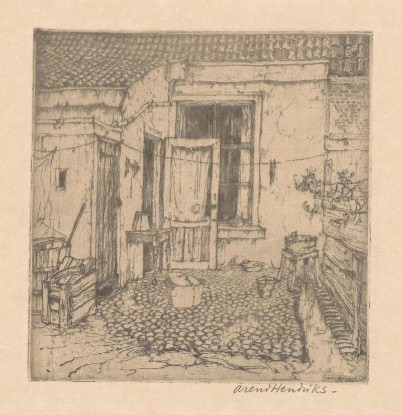 Escena interior de un patio por Arend Hendriks, con juego de luz y sombra, pintura al óleo