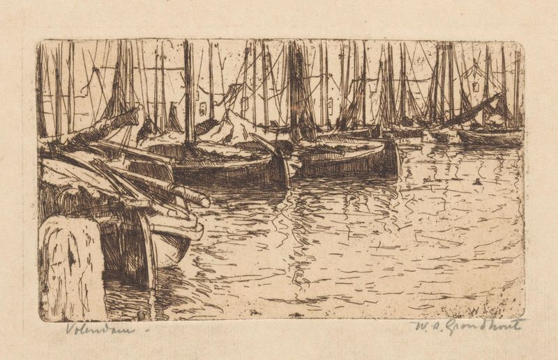 Cena marinha com barcos e redes de pesca de Willem Adrianus Grondhout, pintura a óleo