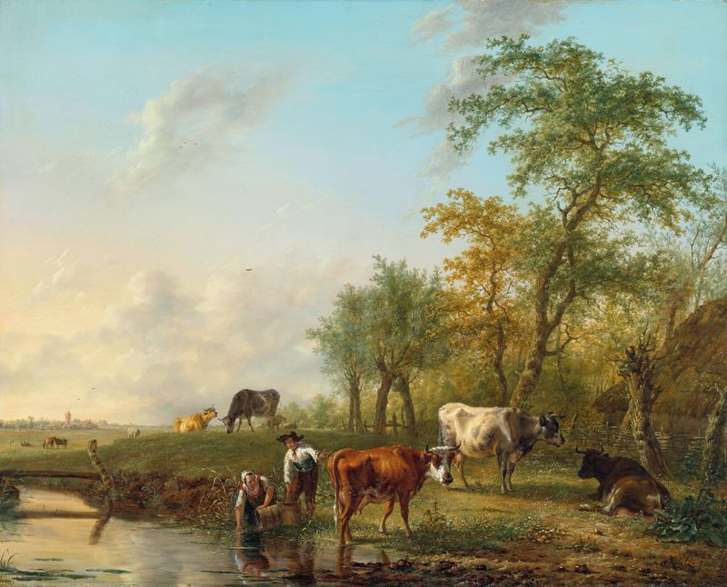 Paisaje con Ganado de Jan Kobell II, representando ganado pastando en un paisaje exuberante, pintura al óleo.