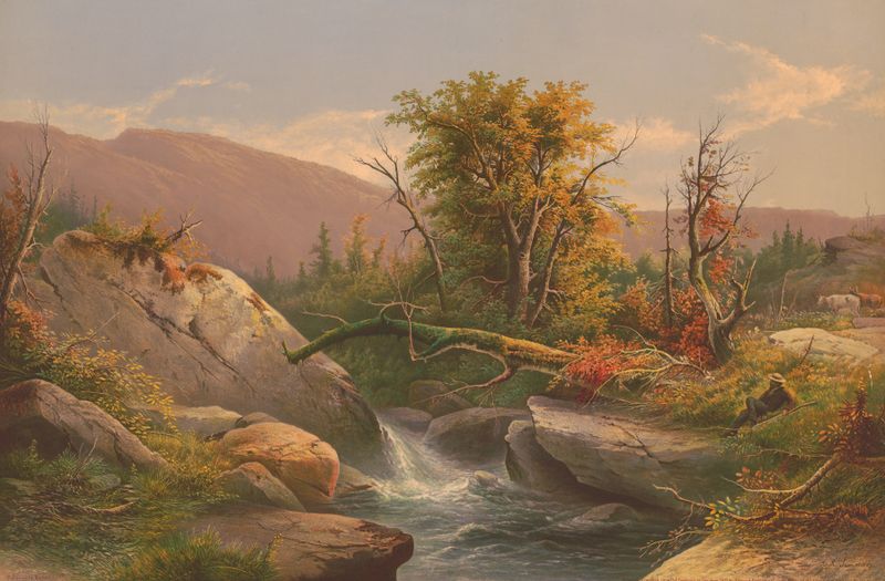 Hombre reclinado con rifle mirando el agua corriente, pintura al óleo de Edmund Foerster & Co.