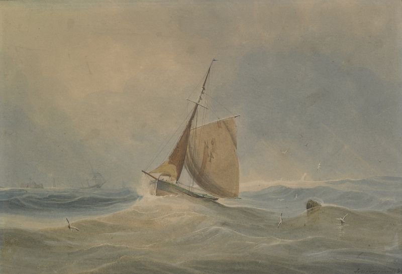 Marine de James Miller Huggins, pintura a óleo que retrata uma paisagem marinha tranquila sob um céu nublado.