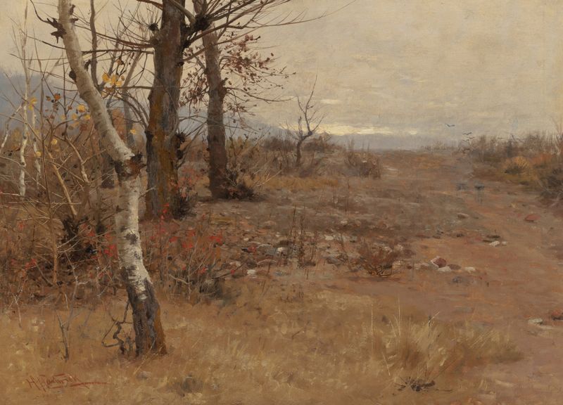 Birches in the Fall by Herman Hartwich, oil on canvas depicting slender birches amidst golden autumn foliage.