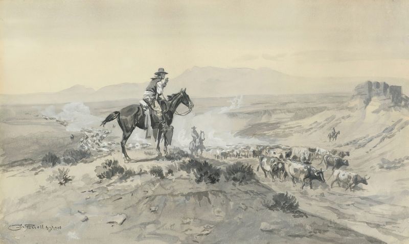 Oil painting by Charles Marion Russell depicting a cowboy in a western landscape