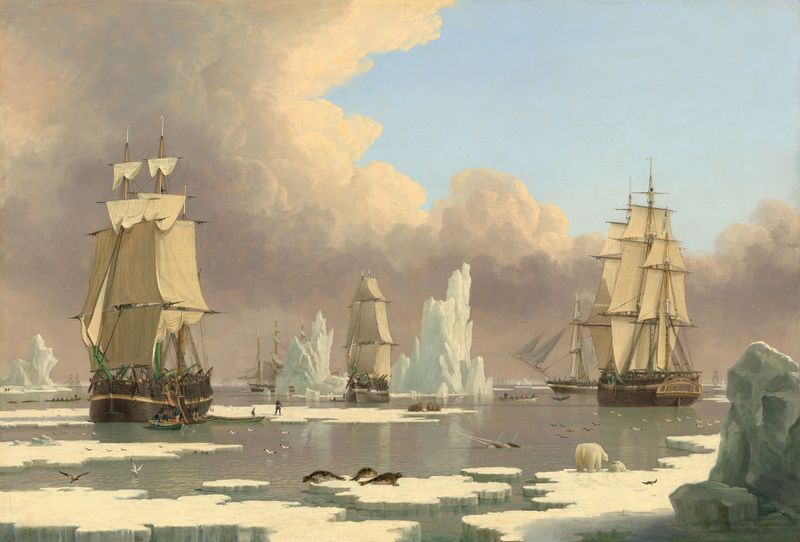 The Northern Whale Fishery, oil on canvas by John Ward of Hull, depicting ships in a stormy ocean.