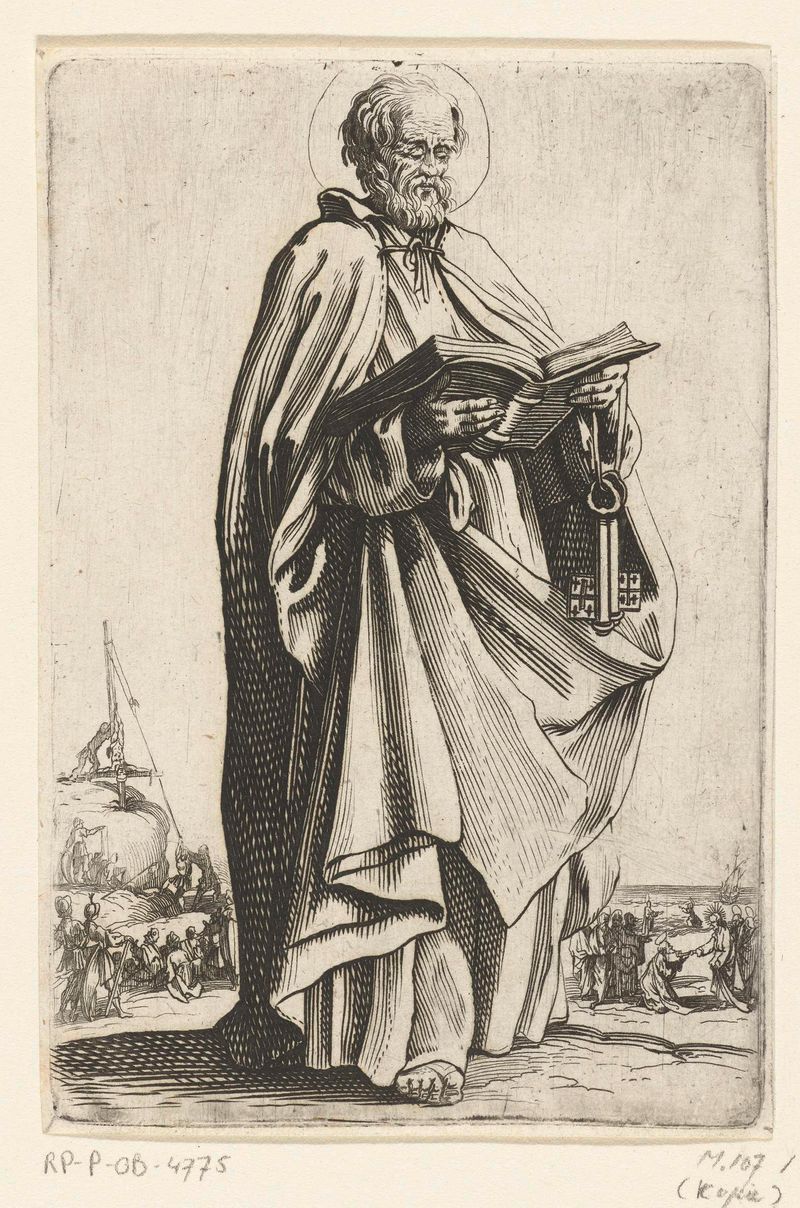 Grabado religioso de San Pedro por Unknown Artist, mostrando contemplación y tristeza.