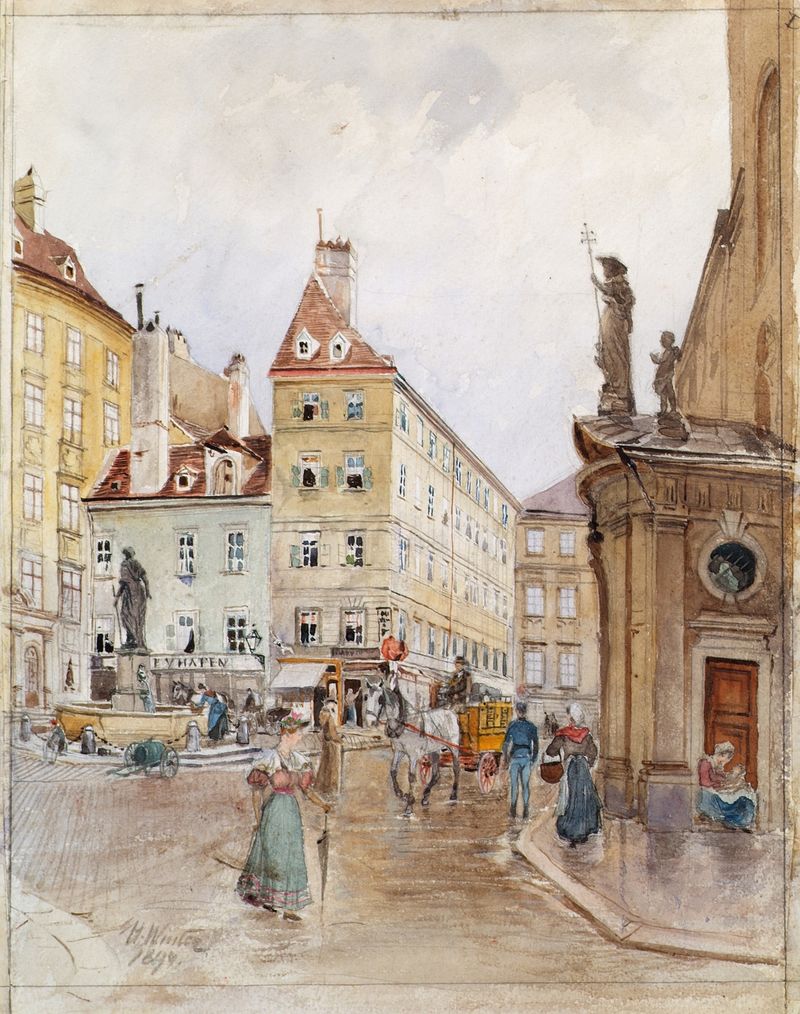 Der Franziskanerplatz in Wien by H. Winter, oil on canvas, depicts a cobblestone square and surrounding architecture.