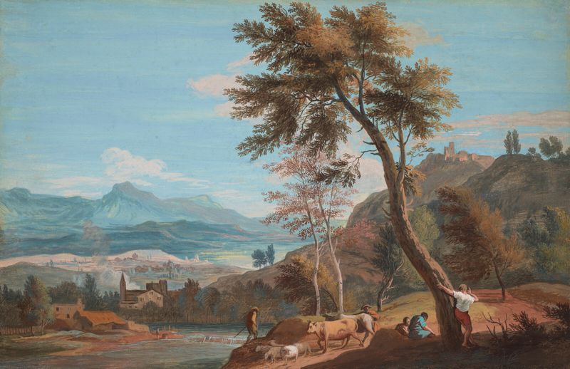 Landscape with farmers and cattle by a river, oil painting by Marco Ricci