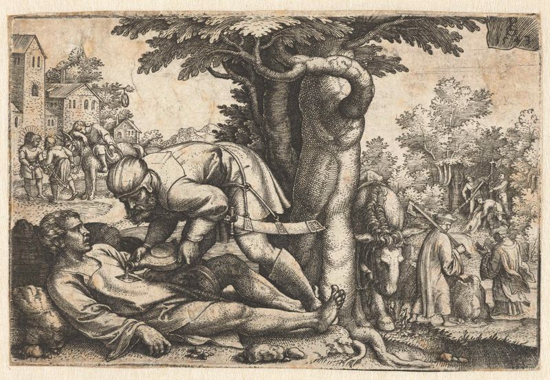 Grabado de Georg Pencz que muestra a un samaritano ayudando a un viajero herido.