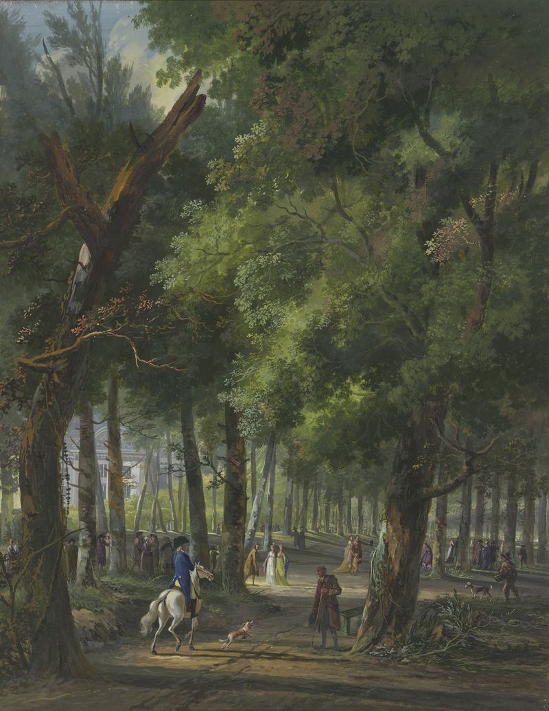 Landscape with figures on a forest path, oil painting by Arie Lamme