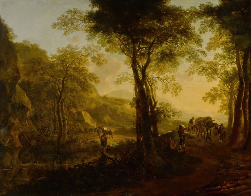 Italianate landscape at sunset with travelers on a country road, Jan Both, oil painting