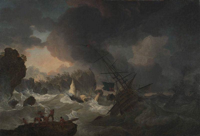 oil painting by Hendrik Kobell depicting English warships and a distressed Moroccan chebec