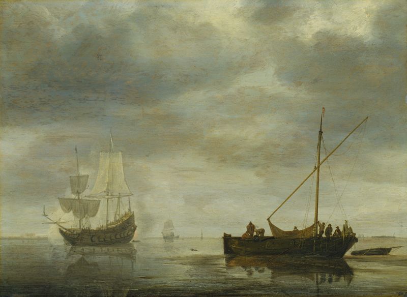 Marine scene with ships firing salute on calm sea by Simon de Vlieger, oil painting