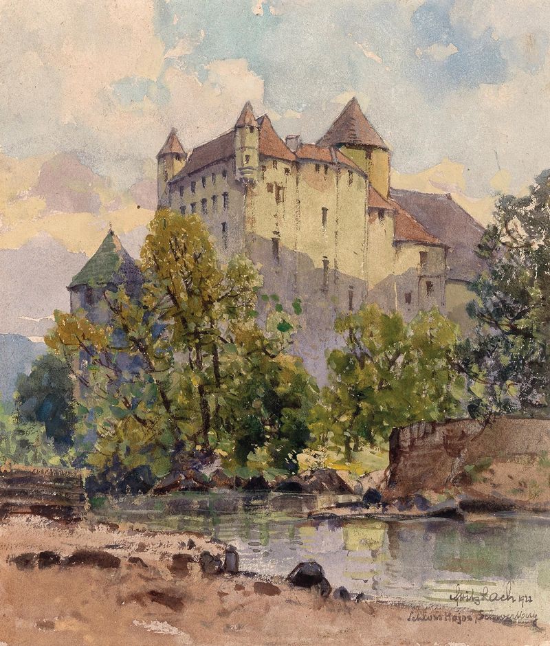 Schloss Hoyos de Fritz Lach, óleo sobre tela, retratando um castelo em uma paisagem